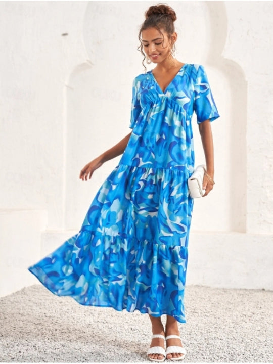 Damen Maxikleid mit voluminösen Rüschen und modischem V-Ausschnitt EB