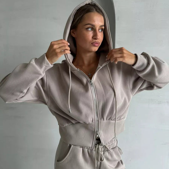 Damen Zweiteiliges Loungewear-Set mit gekürzter Zip-Kapuzenjacke und weitem High‑Waist Jogginghose EB