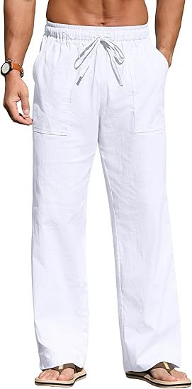 Herren nan leichte Leinenhose mit elastischem Bund, Kordelzug und aufgesetzten Taschen EB