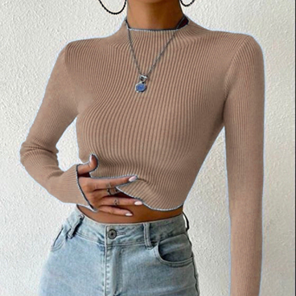 Damen Gerippter Cropped Feinstrickpullover mit Stehkragen EB