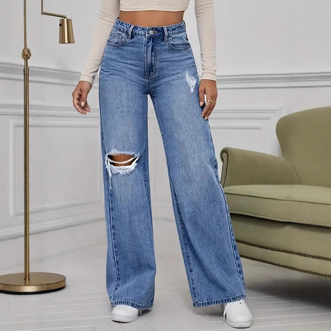 Damen Weite High-Waist Jeans mit modischen Rissdetails EB