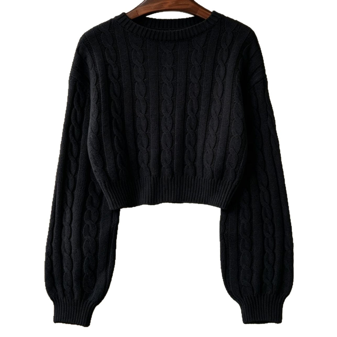 Damen Cropped Zopfmuster-Strickpullover mit kastiger Silhouette und Ballonärmeln EB
