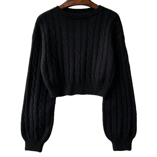 Damen Cropped Zopfmuster-Strickpullover mit kastiger Silhouette und Ballonärmeln EB