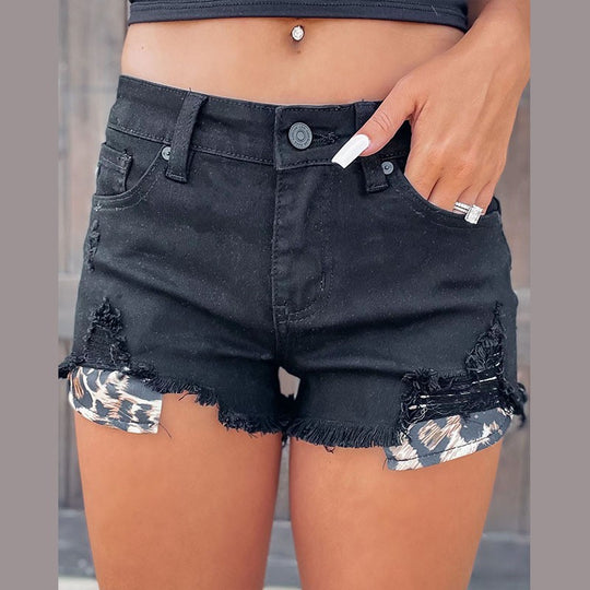 Damen Denim-Shorts mit ausgefranstem Saum und Leoparden-Details EB