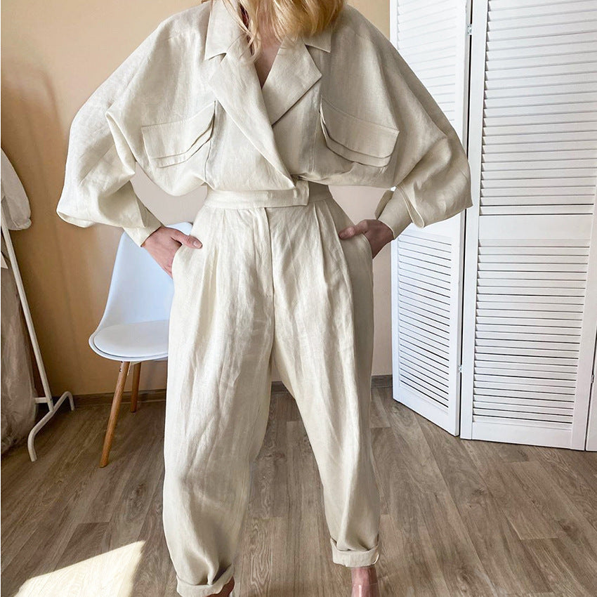 Damen Modisches Oberteil und Hose Set mit voluminösen Ärmeln EB