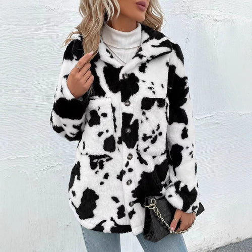 Damen Kuschelige Fleecejacke mit modischem Tierfellmuster EB