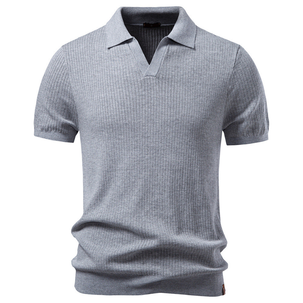 Herren nan fein geripptes Kurzarm-Poloshirt mit offenem Kentkragen EB