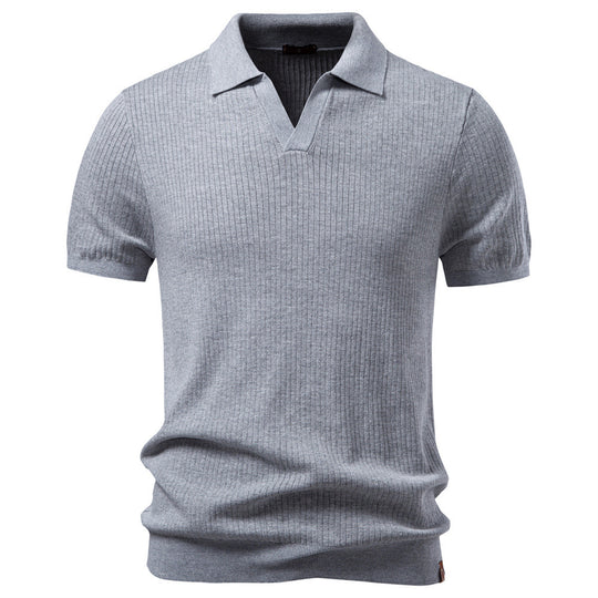 Herren nan fein geripptes Kurzarm-Poloshirt mit offenem Kentkragen EB