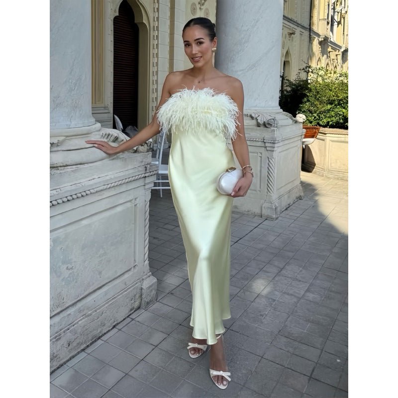 Damen Satin Abendkleid mit Federn EB