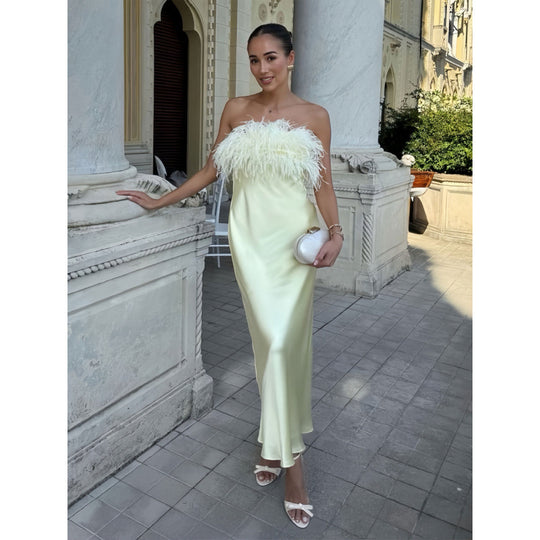 Damen Satin Abendkleid mit Federn EB