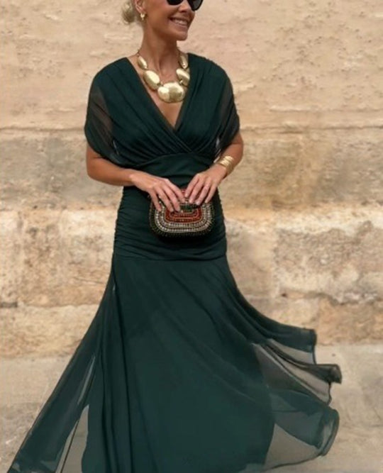 Damen nan fließendes Abendkleid mit transparentem Chiffon-Capelet, V-Ausschnitt und taillierter Drapierung EB