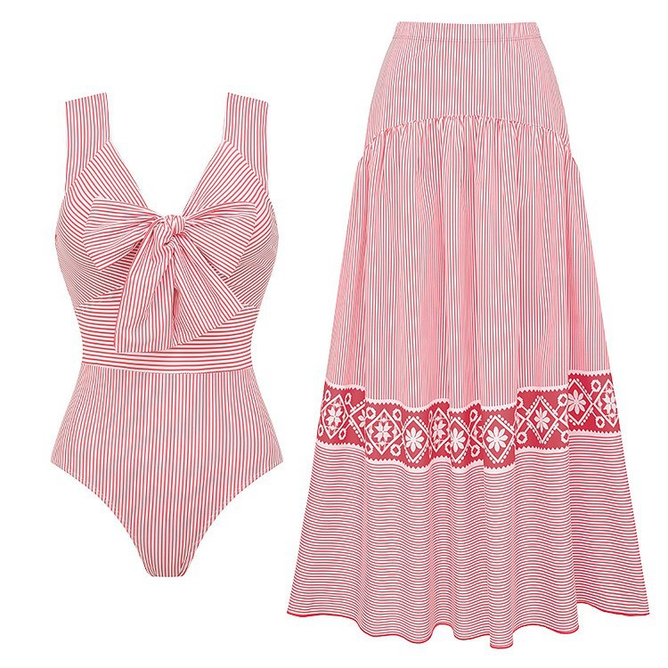 Damen Striped Bikini-Set mit eleganter Wickelbluse und modischem Rock EB
