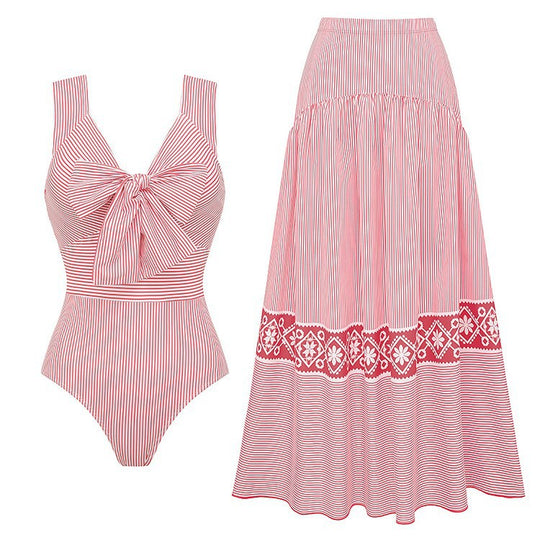 Damen Striped Bikini-Set mit eleganter Wickelbluse und modischem Rock EB