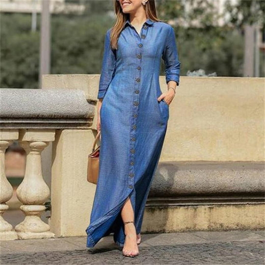 Damen Maxikleid Hemdblusenkleid mit Knopfleiste und Seitentaschen EB