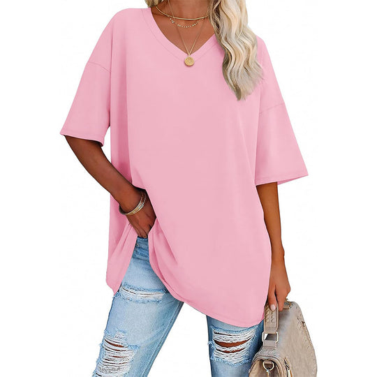 Damen Oversized T-Shirt mit V-Ausschnitt und seitlichen Schlitzen EB