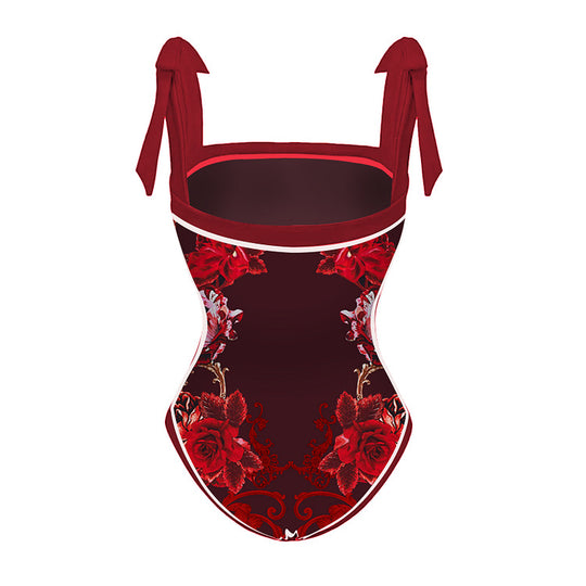 Damen Badeanzug mit raffinierten Rüschenträgern und opulentem Blumendesign EB