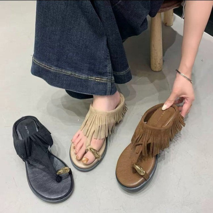 Damen elegante Flip-Flops mit fransiger Lederoptik und komfortablem Fußbett EB