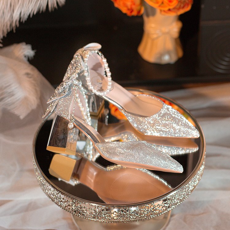 Damen elegante Glitzer-Pumps mit verzierten Fesselriemen EB