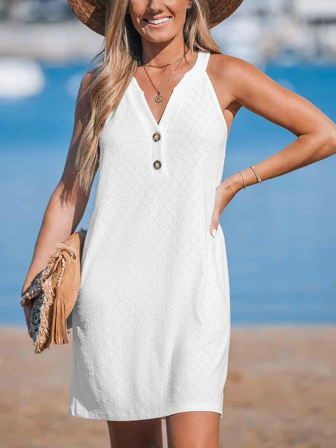 Damen lässiges Strandkleid mit Knopfleiste und V-Ausschnitt EB