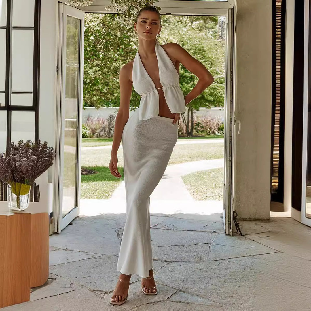Damen elegantes Wickel-Top mit asymmetrischem Design und passendem Maxirock EB