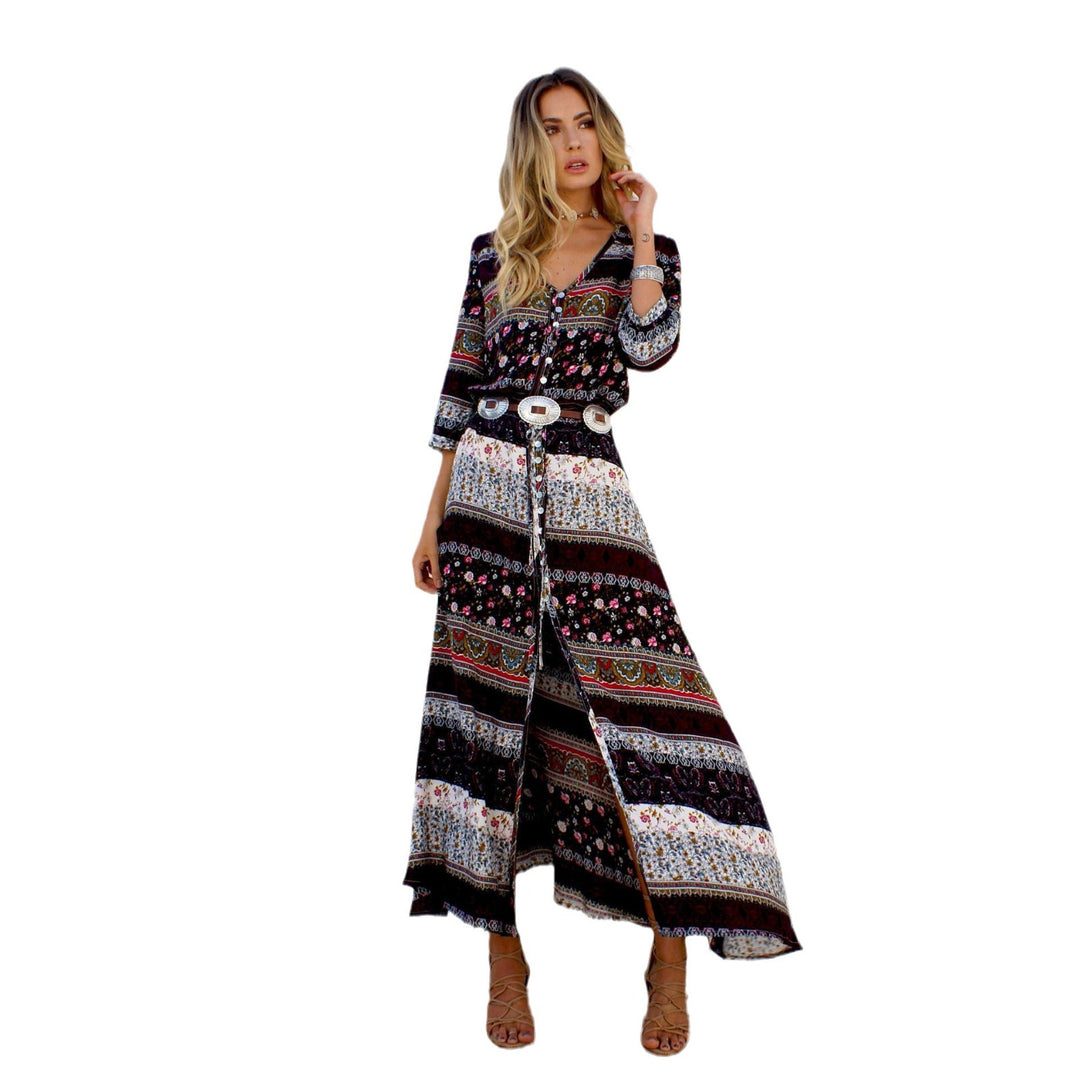 Damen Maxikleid mit farbenfrohen Mustern und seitlichen Schlitzen EB