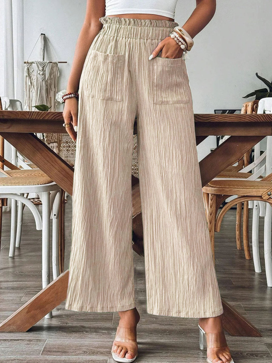 Damen Weitgeschnittene Leinenhose mit elastischem Bund und praktischen Taschen EB