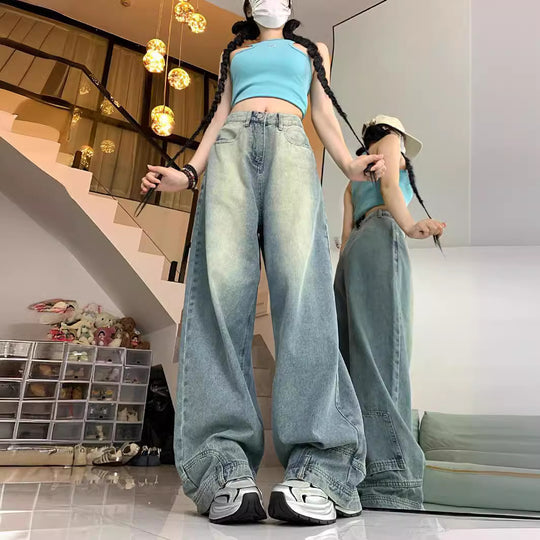 Damen Oversized Denim-Hose mit weitem Bein und modischem Schnitt EB