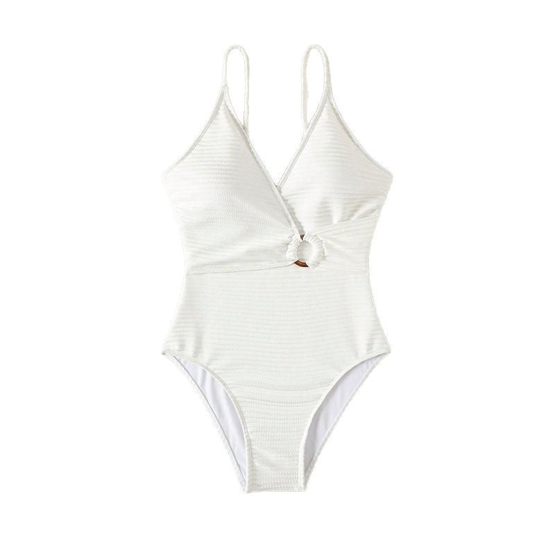 Damen Einteiliger Badeanzug mit eleganter Wickel-Optik und schickem Ringdetail EB