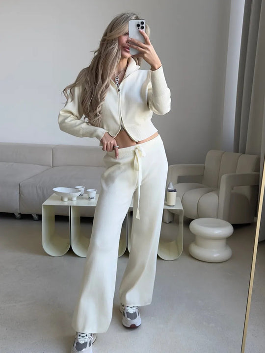 Damen gestricktes Lounge-Set mit kurzem Reißverschluss-Cardigan und weitem High-Waist-Jogginghose EB