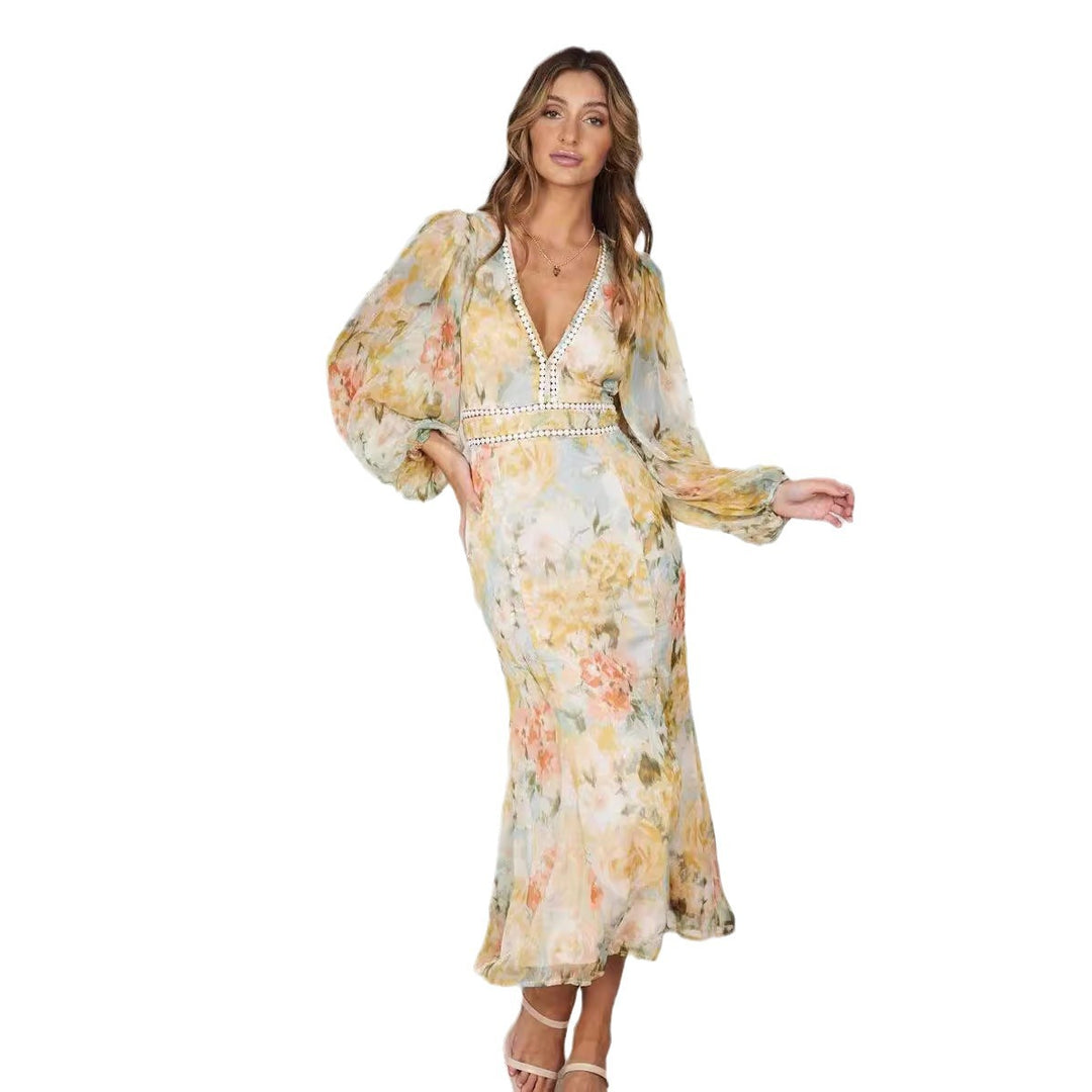 Damen Maxikleid mit ballonärmel und floralem Muster EB