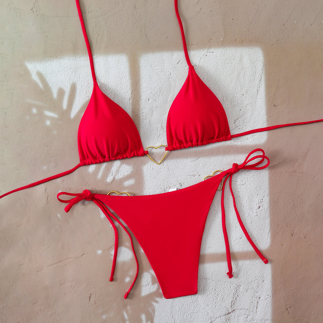Damen Triangel-Bikini-Set mit verspielten Schleifen und Herz-Applikationen EB