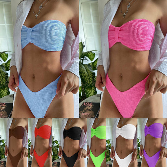 Damen Bandeau-Bikini mit strukturiertem Oberteil und hochgeschnittenem Höschen EB