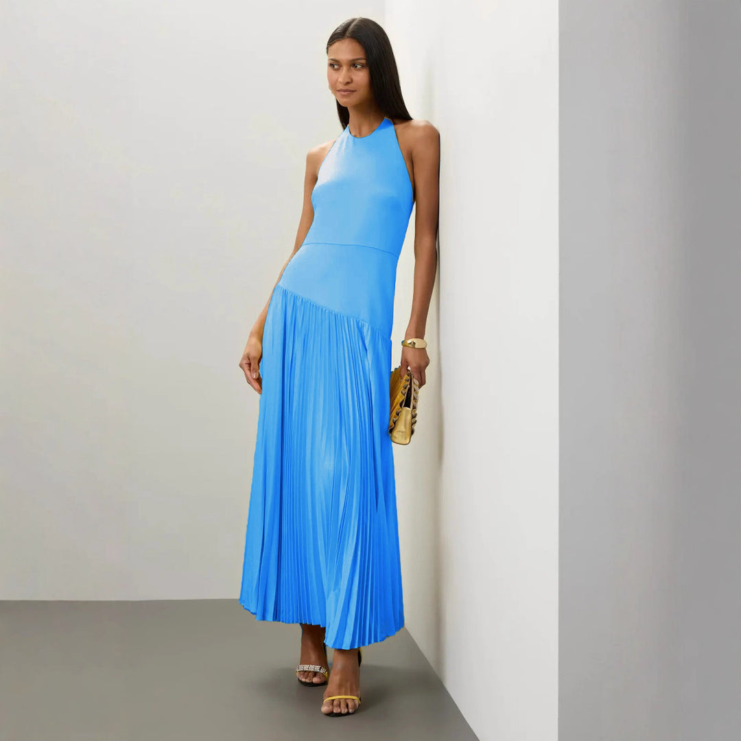 Damen Elegantes Maxi-Kleid mit fließendem Faltenrock und Halterneck-Design EB