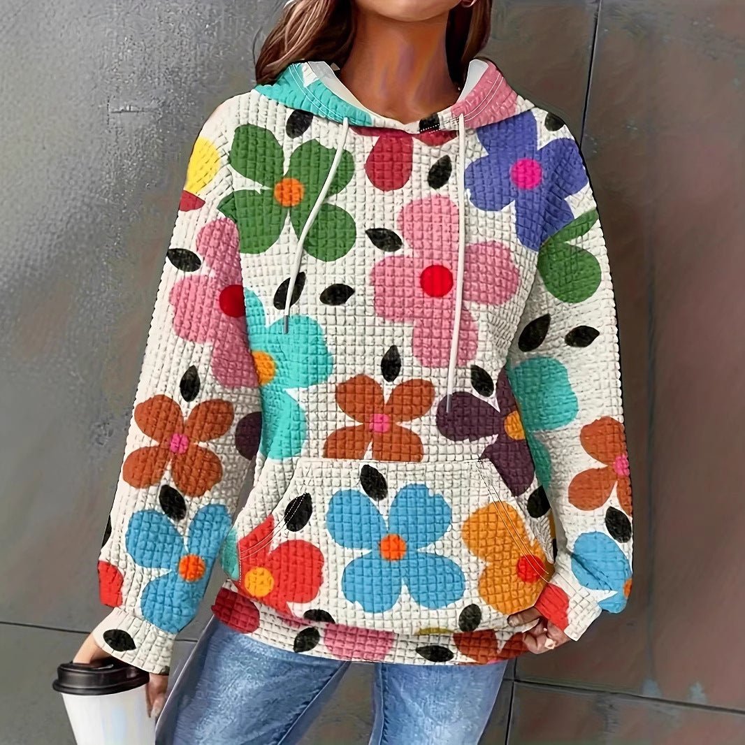 Damen lockerer Kapuzenpullover mit farbenfrohem Blumendesign EB