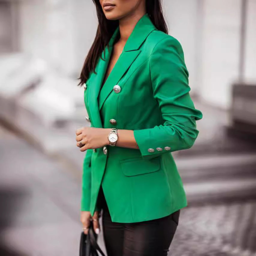 Damen nan Doppelreihiger Blazer mit Reverskragen, Strukturierter Passform und Zierknöpfen EB