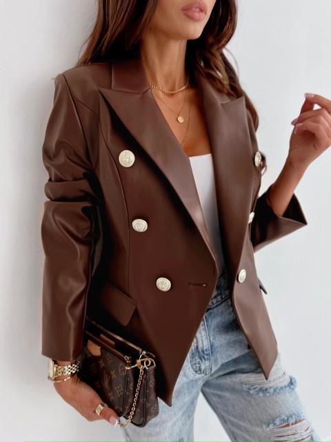 Damen eleganter Kunstleder Blazer mit doppelter Knopfleiste EB