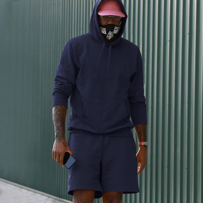 Herren nan zweiteiliges Freizeit-Set Hoodie und Sweatshorts aus French Terry mit Kängurutasche und Tunnelzug EB