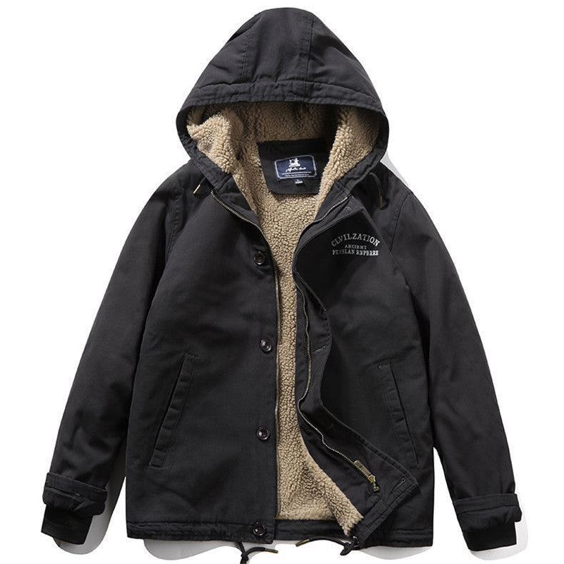 Herren Kapuzenjacke im Vintage-Worker-Stil mit Sherpa‑Futter EB