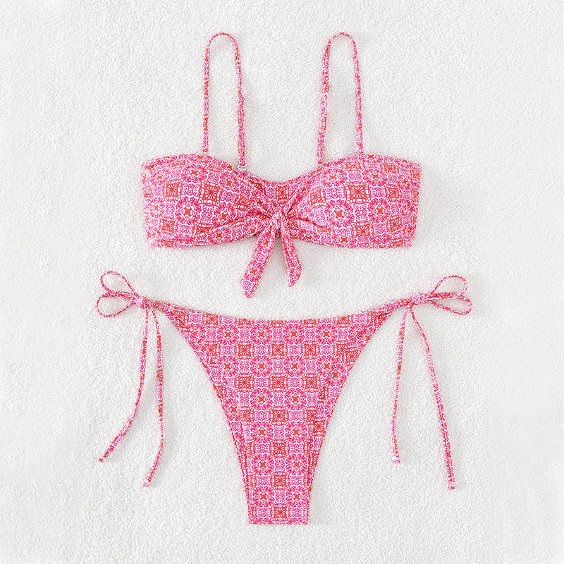 Damen Bandeau-Bikini mit dekorativem Knoten und verspielten Bindebändern EB