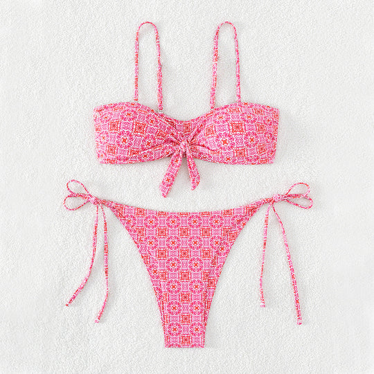 Damen Bandeau-Bikini mit dekorativem Knoten und verspielten Bindebändern EB