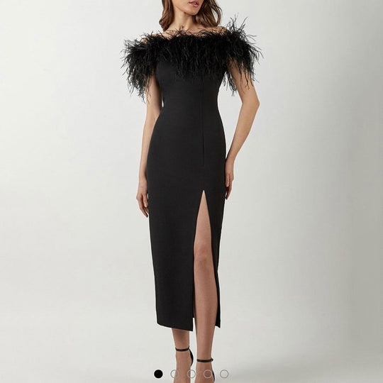 Damen Abendkleid mit federverziertem Oberteil und schlankem Schnitt EB