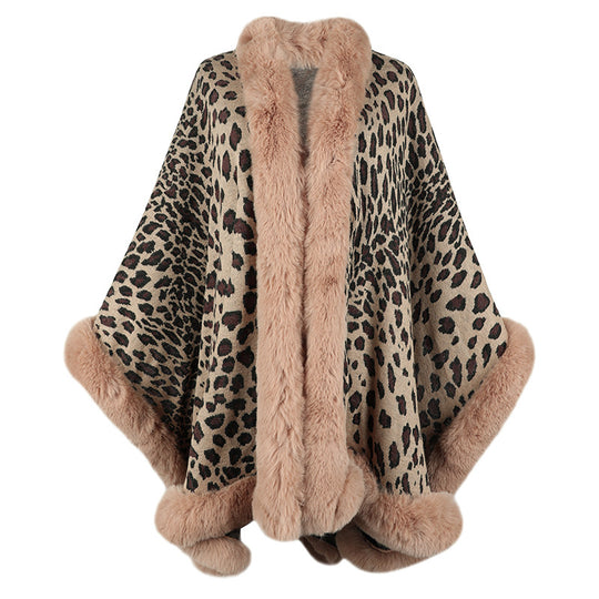 Damen kuscheliger Poncho mit luxuriösem Kunstfellbesatz und Leopardenmuster EB