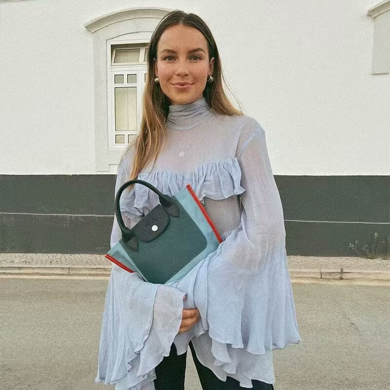 Damen Rüschenbluse mit weiten Ärmeln und elegantem Stehkragen EB