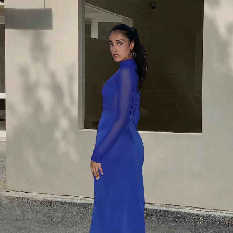 Damen Elegantes Maxikleid mit transparenten Ärmeln und raffinierter Drapierung EB