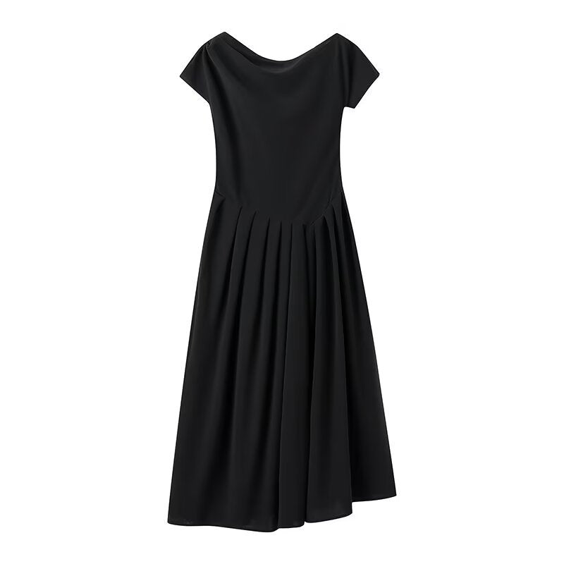 Damen Midi-Kleid mit elegantem Faltenrock und offenkantigem Ausschnitt EB