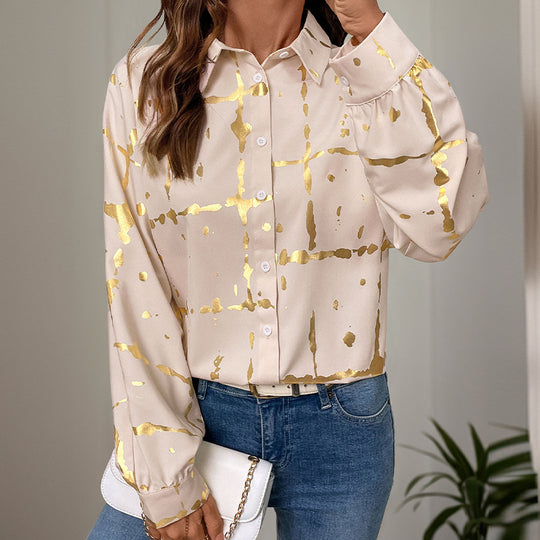 Damen Elegante Langarm-Bluse mit Gold-Folienprint, Hemdkragen und lockerem Schnitt EB