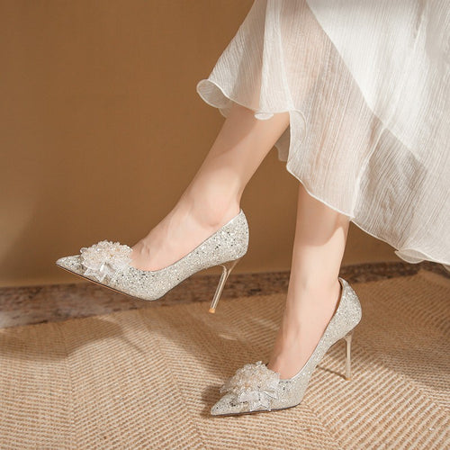 Damen Glamouröse Pumps mit funkelndem Strass und exquisite Blumenapplikation EB