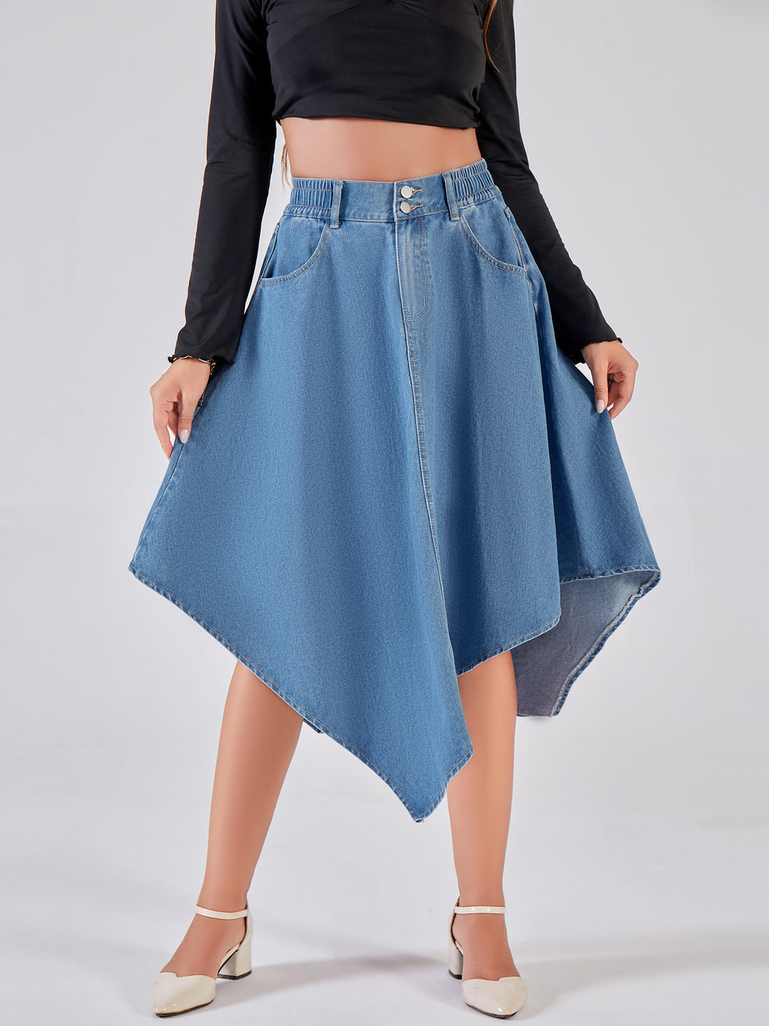 Damen asymmetrischer Denim-Rock mit attraktivem Saumdesign EB