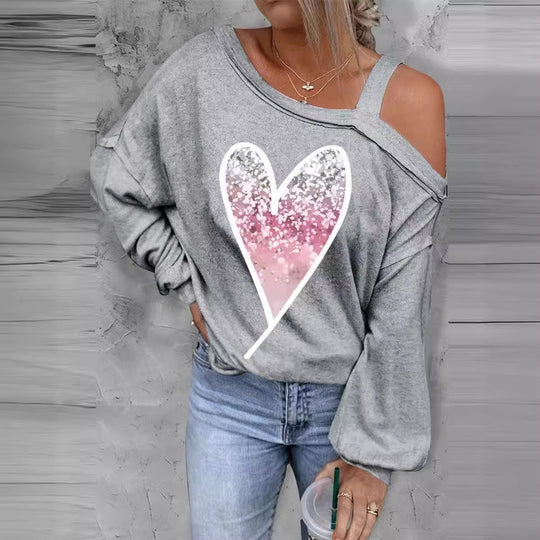 Damen lässiger Oversized Pullover mit herzförmigem Glitzer-Design EB