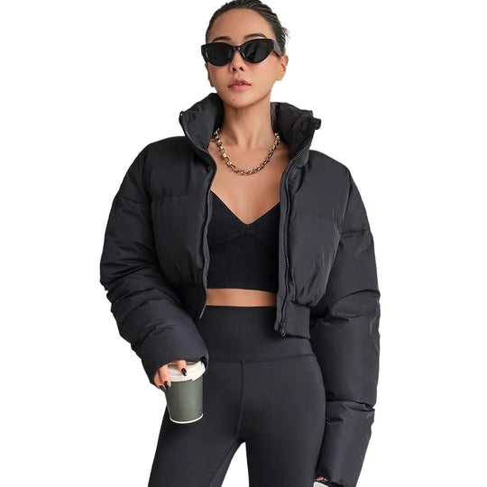 Damen nan kurz geschnittene Steppjacke mit hohem Stehkragen, Kordelzugsaum und breitem Rippenbund EB